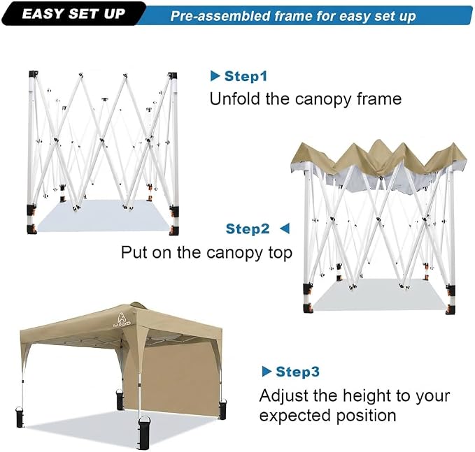 MAOO 10x10 Pop Up Canopy Tent with Sidewall, Easy Setup Instant Outdoor Canopy, 210D Silver Coated Waterproof UPF 50+ Sun Shade Shelter, Heavy Duty Steel Frame, Roller Bag, Khaki