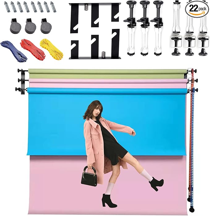 ZLY 3 Roller Wall Mounting Manual Background Support System, Including 3 Tri-fold Hooks, 6 Expand Bars, 3 Chains, Ceiling Background Holder Attached into Table Lamp