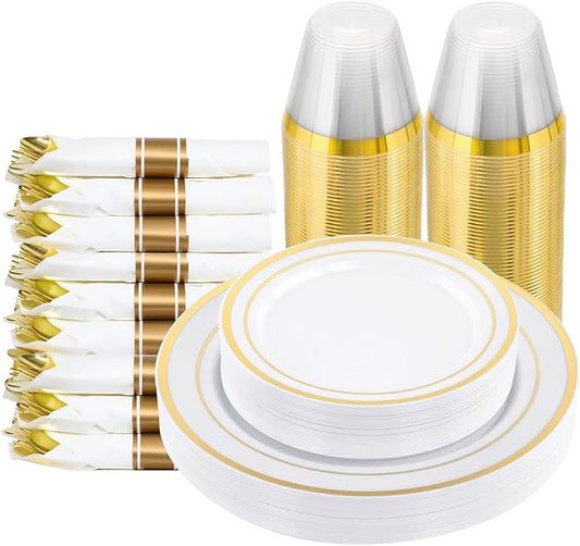 175 PCS White and Gold Plastic Dinnerware Set for 25 Guests, 50 Disposable Plates for Party, 25 Pre Rolled Napkins with Gold Silverware, 25 Cups