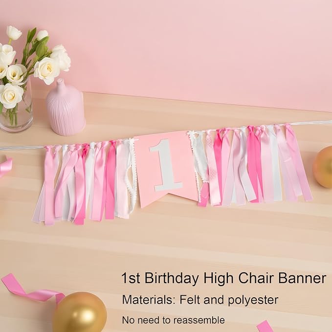 First Birthday Decorations for Girl - Complete Party Set with High Chair Banner, Number 1 Balloon, One Cake Topper, Crown, Balloons & Birthday Banner(Pink)