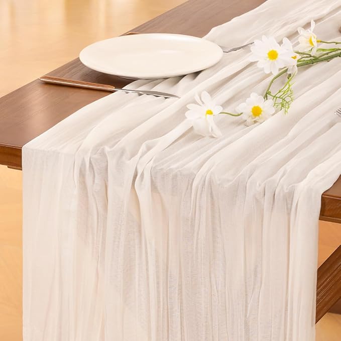 Socomi 3pcs Ivory White Cheesecloth Table Runner Summer Boho Rustic Gauze 120 inch 10FT Cheese Cloth Sheer Runner for Wedding Party Baby Shower Birthday Home Decor Holiday Decorations