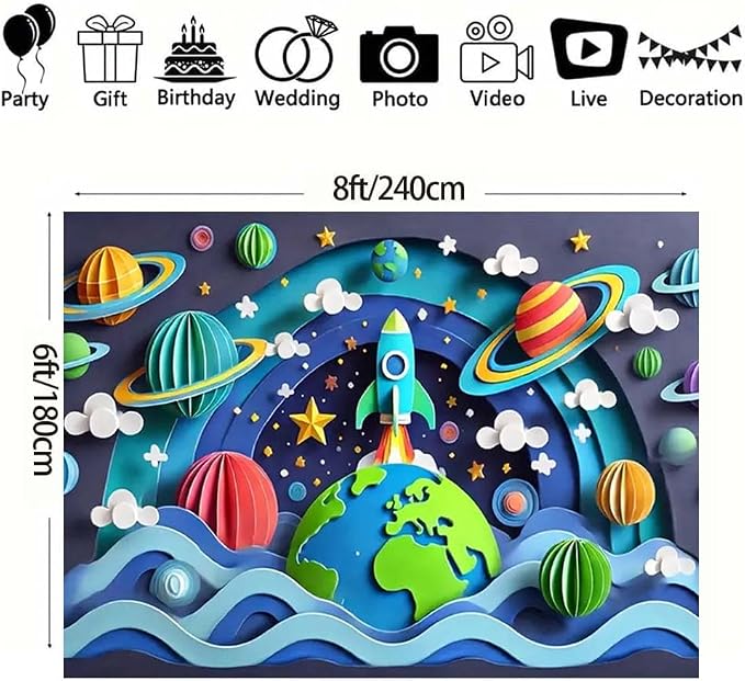 Galaxy Planet Party Photo Backdrop Space Happy Birthday Photography Background for Kids Boys Birthday Celebrations Party Decorations Solar System Planets Galaxy Banner(C, 8x6feet)