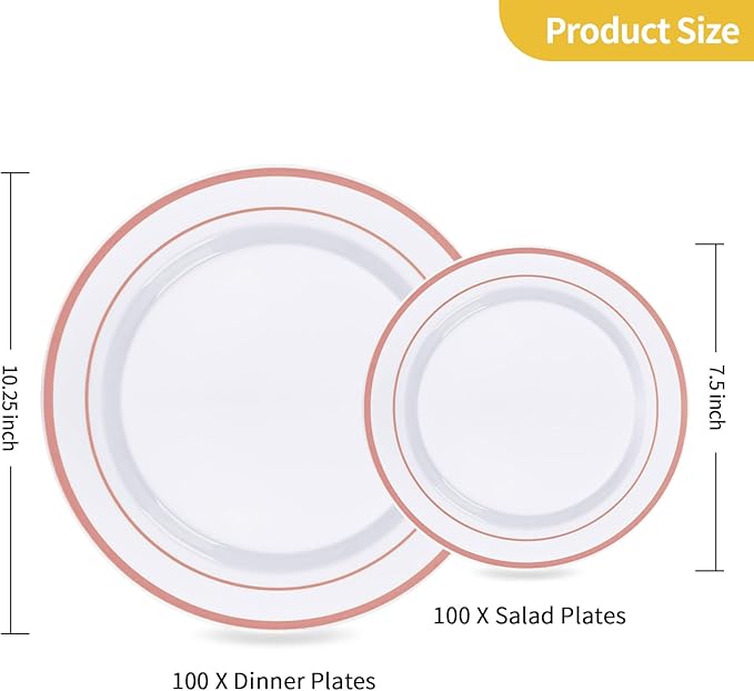 Goodluck 200PCS Rose Gold Plastic Plates, Heavy Duty Disposable Rose Gold Plates with 100 10.25 inch Dinner Plates and 100 7.5 inch Dessert Plates, Disposable Plates for Party, Wedding, Valentines