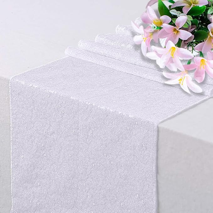 White Sequin Table Runner 12"x108" 2 Pack Glitter Table Runner for Graduation, Baby, Bridal Shower, Wedding, Birthday, Party, Christmas