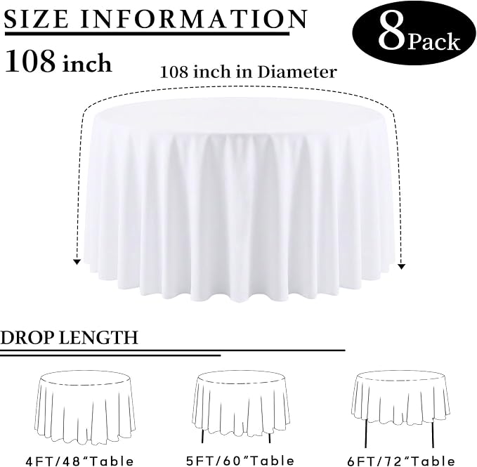 8 Packs 108 Inch White Round Tablecloth in Diameter, Washable Polyester Fabric Tablecloths, Wrinkle Resistant Table Cloth for Wedding Party Banquet Dining