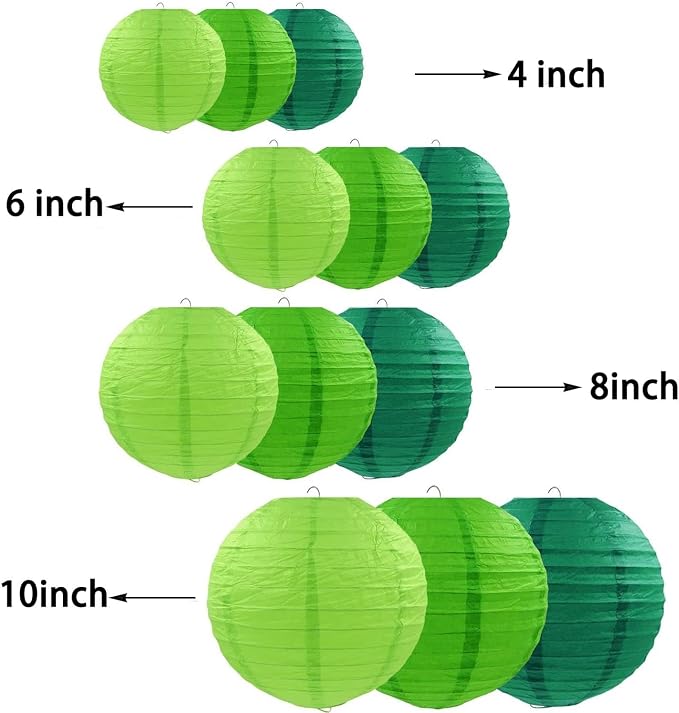 CC wonderland zone 12pcs Green Paper Lanterns,Round Hanging Paper Lampshade for Baby Shower Forest St. Patrick's Day Party Decoration