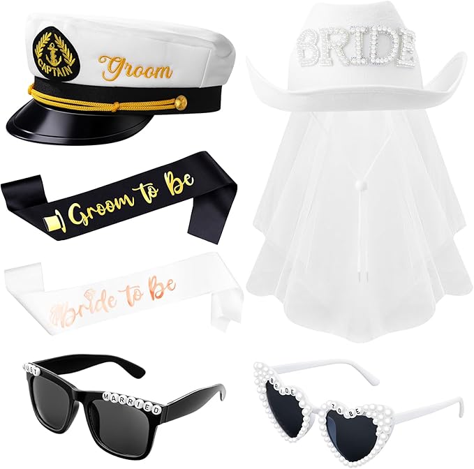 6 Pcs Bachelor Party Accessories White Bride Cowgirl Hat with Veil Groom Captain Hat Bride Groom to Be Sash Sunglasses for Bridal Wedding Shower Favor Bachelorette Decor Gift