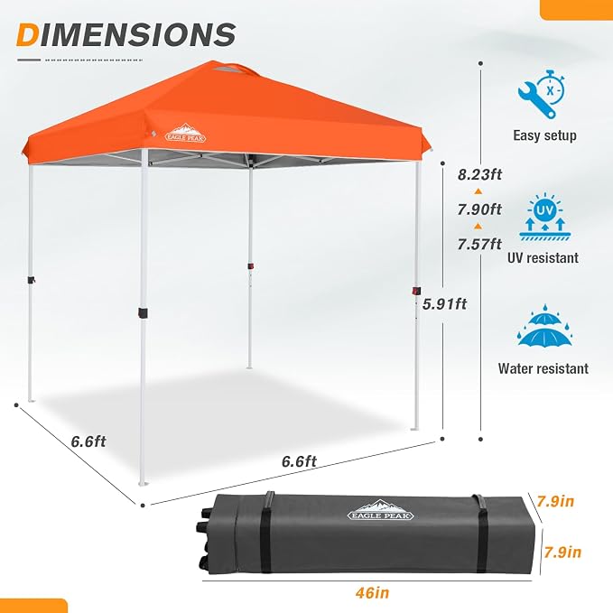 EAGLE PEAK Pop Up Canopy Tent with Wheeled Carry Bag, 8 Stakes, 4 Ropes, Easy Set Up Tent Canopy, 6.6x6.6 ft, Orange