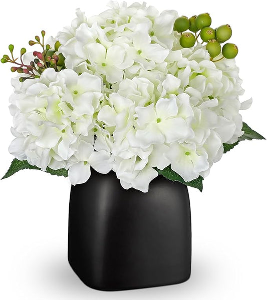 Briful Artificial White Hydrangea Arrangement in Matte Black Vase, Faux Floral Centerpiece with Green Berry, Modern Farmhouse Table Decor for Dining Room, Entryway, Living Room, Kitchen Coffee Office