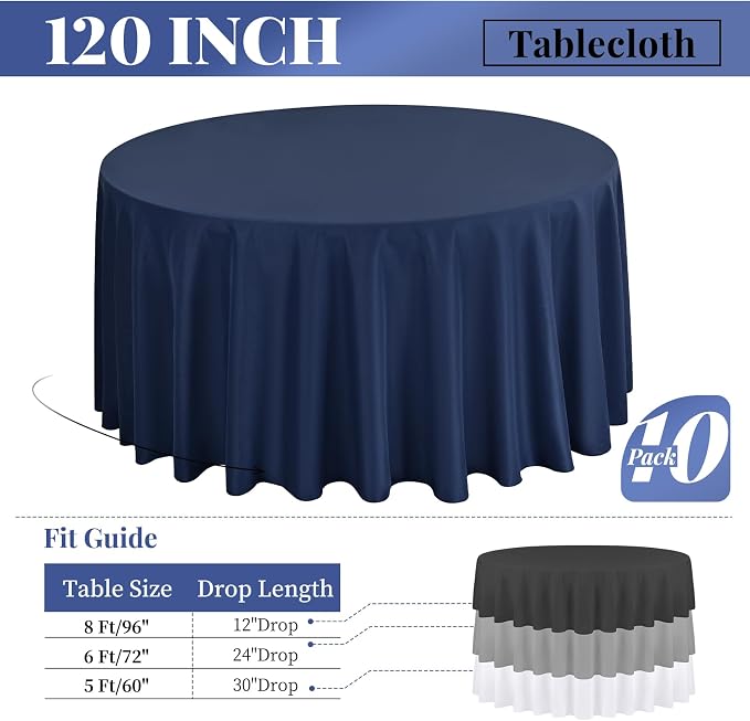 Fani 10 Pack 120 Inch Round Navy Blue Polyester Tablecloths, Wrinkle & Stain Resistant, Perfect for 8ft Round Table, Classic Style