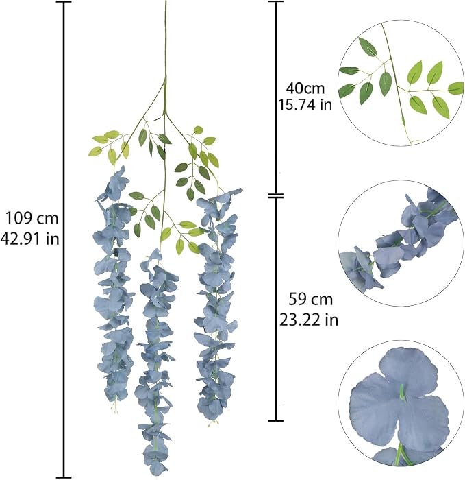 12PCS Dusty Blue Artificial Wisteria Hanging Flowers 3.6Ft Fake Bushy Silk Hanging Flowers Garland Faux Wisteria Vine for Garden Home Wedding Arch Baby Shower Party Decorations (Dusty Blue)