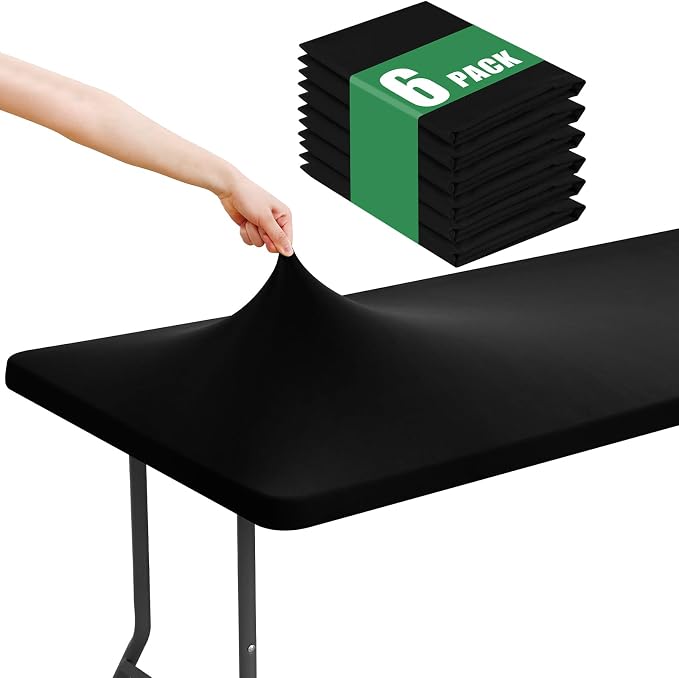 Moosfor Spandex 8 Foot Rectangle Table Cloth 6 Pack, Elastic Fitted Tablecloths for Picnic, Stretch Washable Patio Table Cover for Outdoor, Camping, Banquet and Parties (Black, 30"x96")