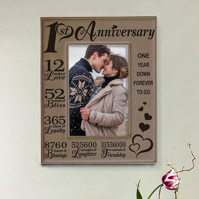 KATE POSH - Our First Anniversary Engraved Leather Picture Frame - Couple Gifts, Him & Her, Paper & First Wedding Anniversary Photo Gifts (5x7-Vertical)