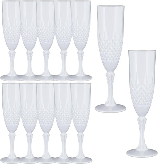 Plastic Champagne Flutes,12PCS White Solid Wine Glasses Goblets Shatterproof Mimosa Bar Reusable Vintage Champagne Flutes Stemmed Drinking Cups for Weddings, Bachelor Parties, Toasting,Cava, Prosecco