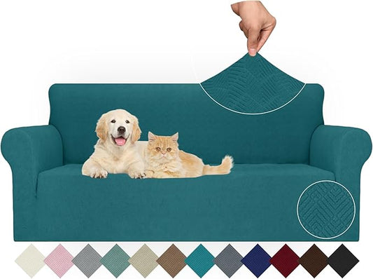 JIVINER Stretch Sofa Covers 1 Piece Couch Covers for 3 Cushion Couch Sofa, 3 Seater Sofa Slipcovers Furniture Protector with Elastic Bottom for Kids, Pets (Large, Teal Rhomb)
