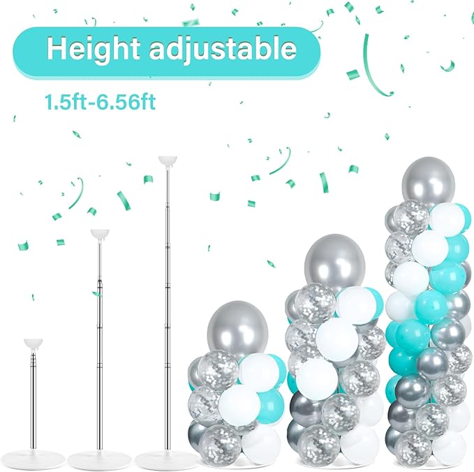 2 Sets Teal Blue Silver White Balloon Column Stand Kit with 102 Balloons Adjustable Balloon Tower Stand with Bases for Floor Confetti Silver Balloons Column Kit for Graduation Birthday Party Decor