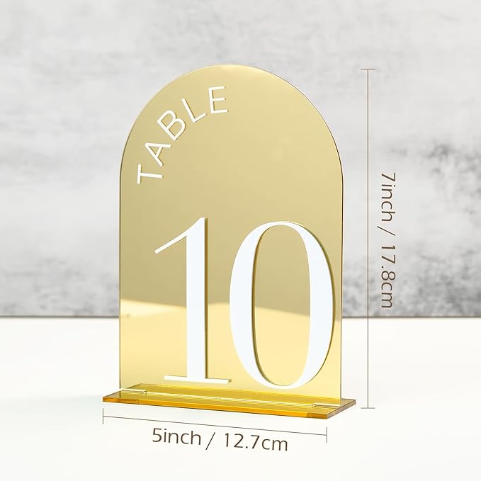 Gold Mirror Arch Table Numbers 1-20 with Stand, 20 Pack 5x7 Inch Gold Acrylic Signs with White Numbers, 3D Arched Acrylic Table Numbers 1-20 for Wedding Reception
