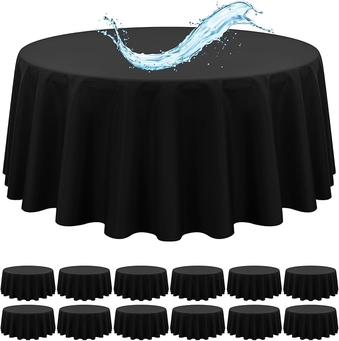 12 Pack Black Round Tablecloth 90 Inch, Waterproof Polyester Table Cloth for Round Tables, Black Tablecloths Stain and Wrinkle Resistant Washable Fabric Table Cover for Party Dining Wedding Banquet