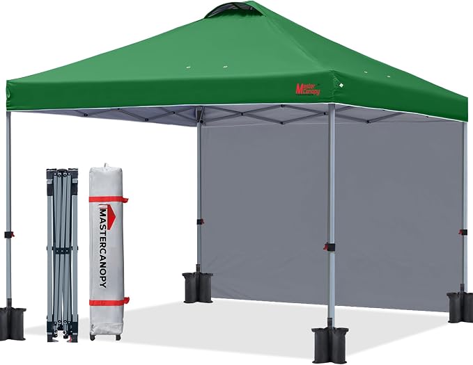 MASTERCANOPY 8x8 Pop Up Canopy Tent with 1 Sidewall, 1 Person Setup Instant Shelter, Outdoor Portable Beach Canopy, 1 Roller Bag, 4 Sandbags, 4 Ropes, 8 Stakes (8x8, Forest Green)