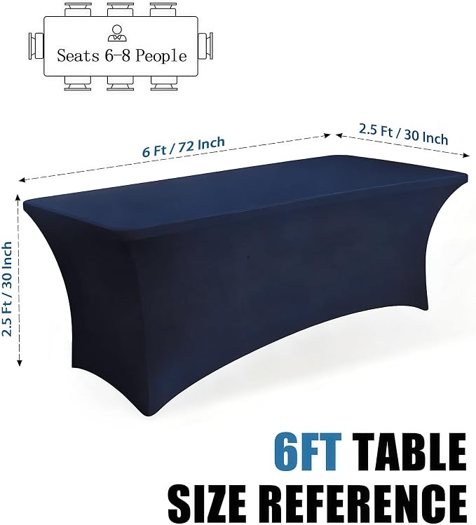 6FT Navy Blue Table Cloth - 2 Pack Fitted Stretch Rectangle Spandex Tablecloth, Washable Table Cover for Party, Picnic, Wedding, Banquet, Birthday and Festival(30" x 72")