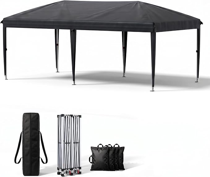 10x20 FT Portable Pop Up Canopy Tent with Sandbags, Adjustable Height Instant Gazebo Without Sidewalls,Waterproof Outdoor Canopy for Camping, Parties, Vendor Events (Black, 3m × 6m Without sidewalls)