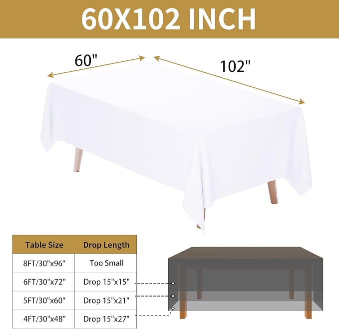 Fixwal 3 Pack White 60 x 102 Inch Rectangle Tablecloths, Reusable Heavy Duty Washable Polyester Table Covers for 6 Ft Tables, Wedding, Party, Birthday, Outdoor, Picnic, Camping
