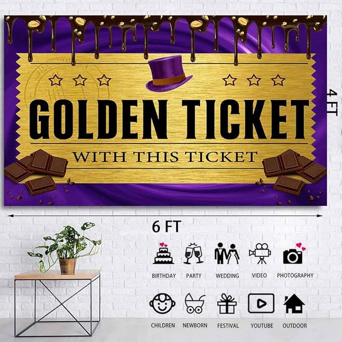 6x4FT Golden Ticket Banner Chocolate Factory Backdrop Purple Chocolate Factoy Kids Birthday Party Background for Adults Kids Birthday Baby Shower Party Decorations Supplies TAYHBDJ106