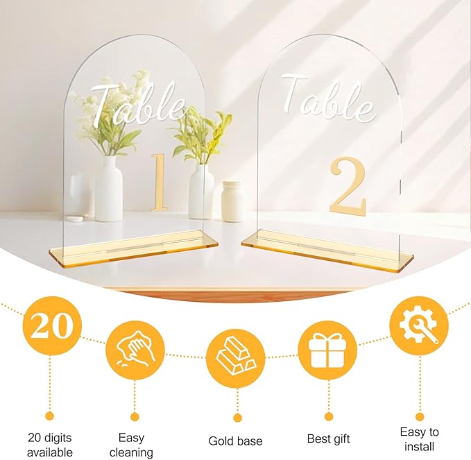 Wedding Table Numbers 1-20 with Stands 3D Gold Number 5.5” x 7” Arch Transparent Acrylic Signs with Holder Clear Acrylic Table Numbers for Wedding Reception Anniversary Party Events