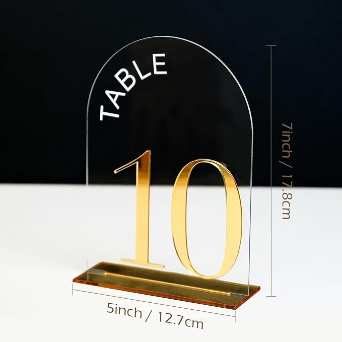Arch Wedding Table Numbers 1-15 with Stand,15 Pack 5x7 Inch Clear Arch Acrylic Sign with Gold Number, Clear and Gold Acrylic Table Numbers for Wedding Reception