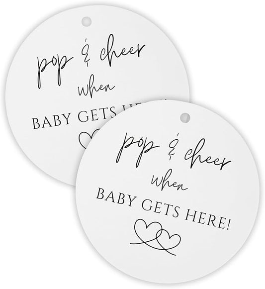 Pop and Cheer When Baby is Here Hang Tag w/Holes | 30pk 2.5” Black and White Girl Cards Stickers Modern Minimalist Champagne Tags Ribbon