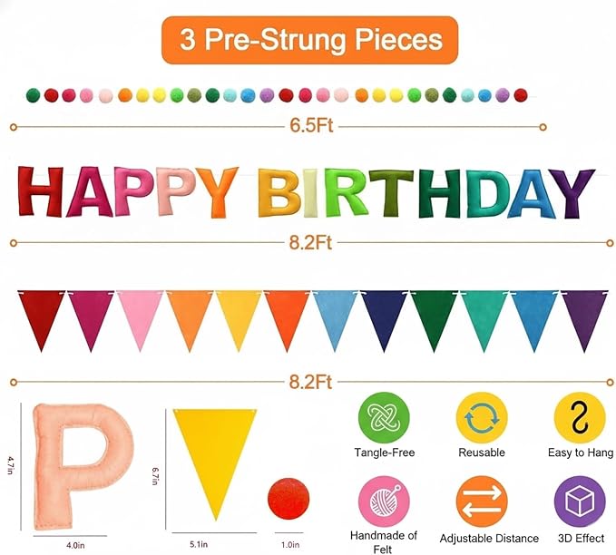 3D Happy Birthday Banner Set – Pre-Strung Reusable Rainbow Happy Birthday Decorations with Felt Ball Garland, Triangle Flag Bunting & Colorful Circle Hanging Banner for Wall Window Garden Party Supply