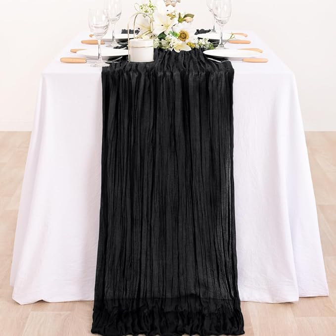 MLMC 2 Pack Black Table Runner 10ft Rustic Gauze Cheesecloth Table Runner 35x120 Inches Cheese Cloth Centerpiece for Wedding Party Bridal Shower Anniversary Events Gothic Decor
