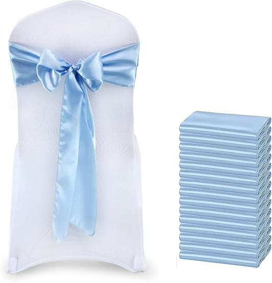 MDS Satin Chair Sashes, 100 Pack, 7”x108” Each, Decorative Chair Bows Ribbon Tie Backs for Wedding Party, Holiday Dinner, Birthday, Reception, Banquet, Hotel & Event Decoration - Baby Blue