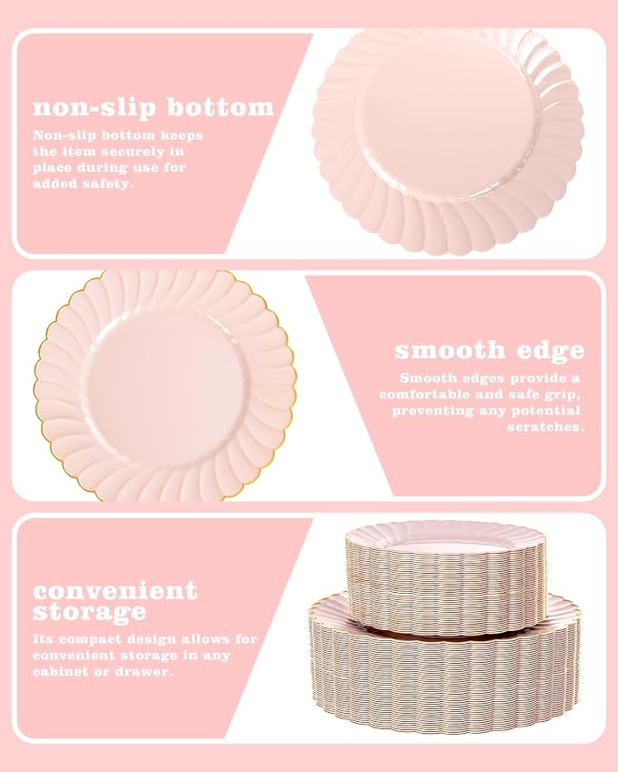 YOUBET 100PCS Pink Scalloped Plastic Plates - Heavy Duty Gold Disposable Fancy Hard Plates Include 50 Dinner Plate, 50 Dessert Plate, for Wedding & Party