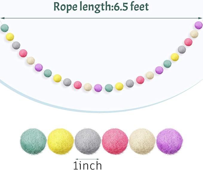 WILLBOND 2 Pieces Wool Felt Rainbow Ball Garland Colorful Pom Pom 6.5 ft Long 24 Ball Garland for Easter Mardi Gras Classroom Halloween Thanksgiving Xmas (Novel Colors)