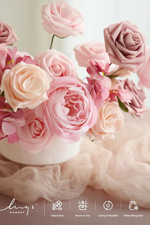 Ling's moment Artificial Flowers Fake Silk Hydrangea Foam Roses Faux Gardenia Combo for DIY Wedding Bouquets Centerpieces Arrangements Bridal Shower Party Home Decorations, Pink & Blush, 24pcs
