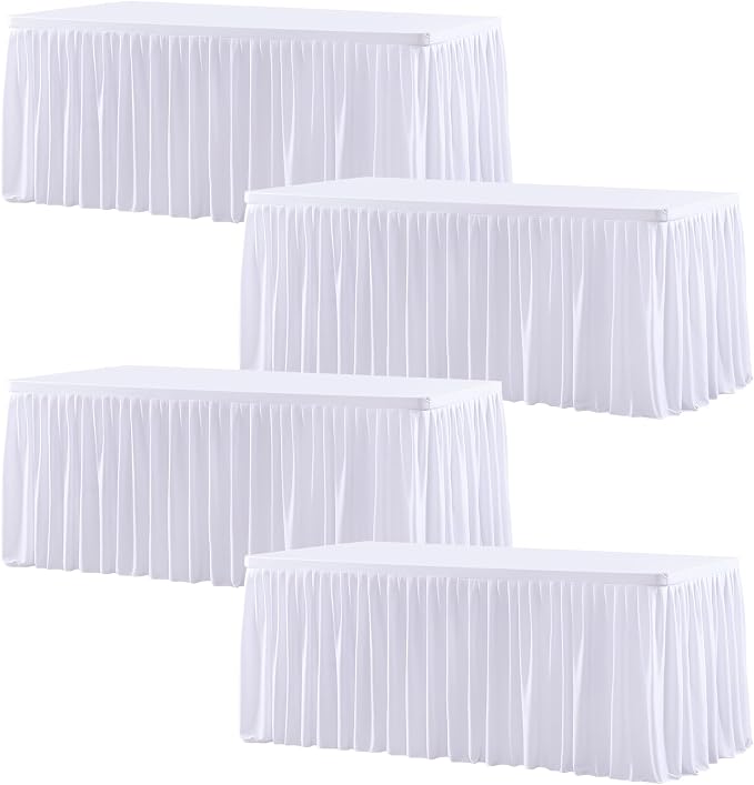 Wish Care 4 Pack White Rectangle Table Clothes for 6 Foot Tables, Polyester Fitted Tablecloths 6ft Stretch Table Cover for Wedding, Birthday, Parties, Trade Show, Craft Show