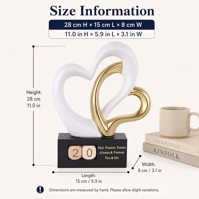 Ceramic Heart Sculpture with Date Blocks, White Gold Hearts Statue for Home Decor, Romantic Valentines Day & Wedding for Couple, Shelf Mantel Tabletop Display (White Gold)