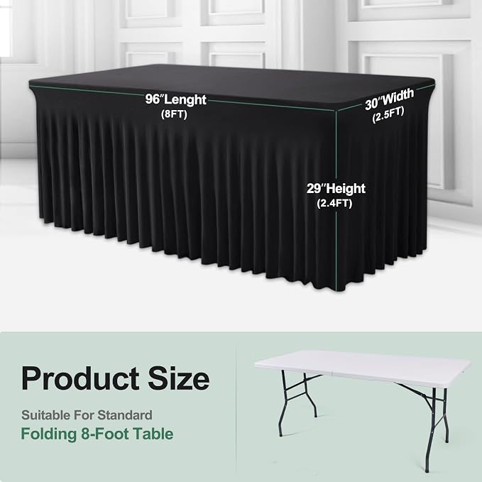 BDDC One-Piece Spandex Table Cover Skirt for 8FT Rectangle Tables | GRS-Certified Eco-Friendly Fabric, Elastic Fitted Ruffle Tablecloth, Washable, For Banquets, Weddings & Parties