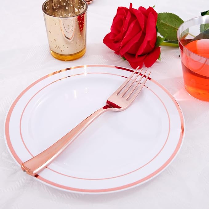 WDF 300 Pieces Rose Gold Plastic Silverware- Disposable Flatware Set - Heavy Duty Plastic Cutlery Includes 100 Forks, 100 Spoons, 100 Knives Perfect for Wedding/Party/Birthday