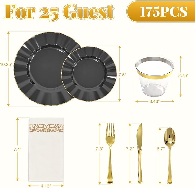 Glowserve 175 Piece Disposable Plastic Plates Dinnerware Set for 25 Guests | 50 Plastic Plates,25 Silverware Set,25 Cups and Napkins,Party Wedding Birthday,Family Gathering,Fancy Plastic Plates