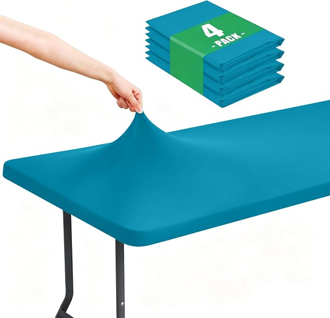 Moosfor Spandex 8 Foot Rectangle Table Cloth 4 Pack, Elastic Fitted Tablecloths for Picnic, Stretch Washable Patio Table Cover for Outdoor, Camping, Banquet and Parties (Turquoise, 30"x96")