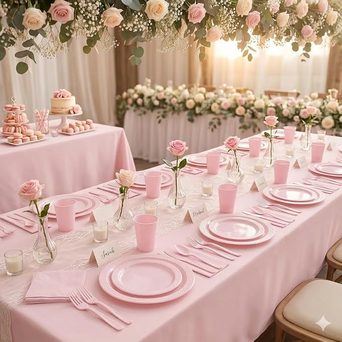 Tinybee 352 Pcs Pink Plastic Plates Party Set, 50 Guests Disposable Dinnerware Set with tablecloths Pink Disposable Plates Set for Wedding/Mother's Day/Birthday/Baby Shower