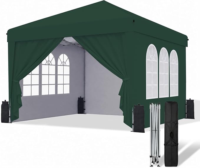 SANWAY 10x10 Pop Up Canopy with Sidewalls, Easy Setup Instant Canopy Tent, Portable with Carry Bag for Outdoor Events, Camping, and Backyard Parties – Dark Green