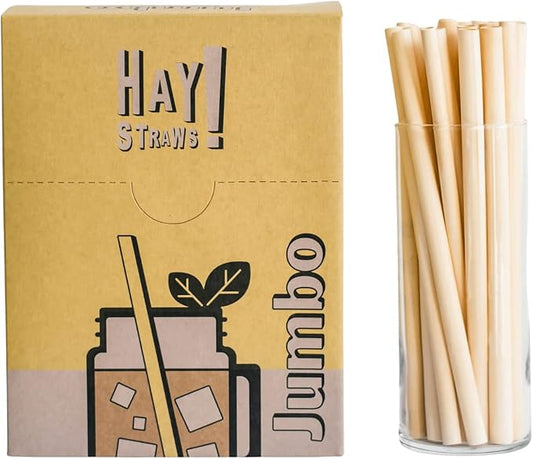 HAY Compostable Drinking Straws 8 Inch Jumbo for Smoothies Milkshake Iced Coffee - 250 Count Biodegradable Never Soggy Plant Based Disposable Eco Friendly - Plastic Free Reed Stem Natural Tall Straws