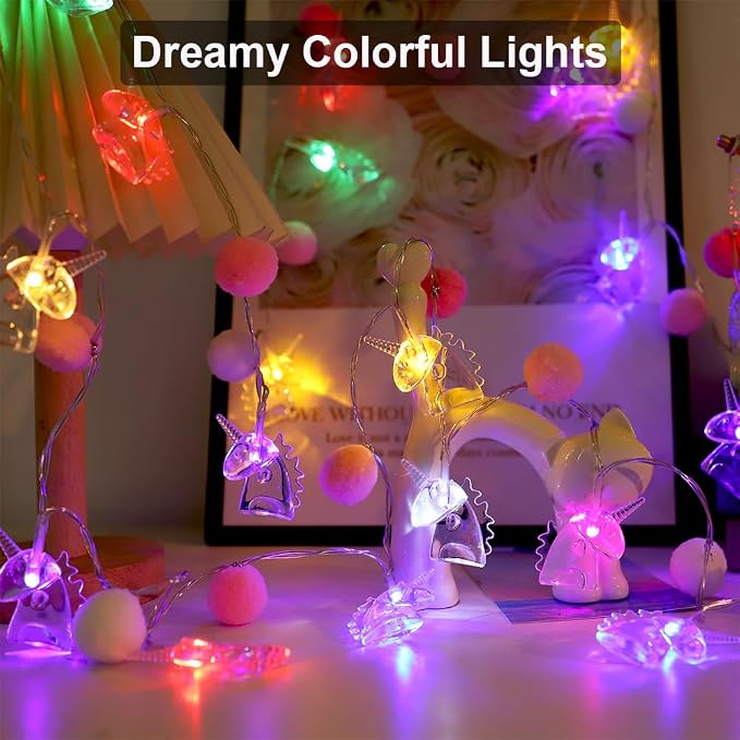9.85FT Colorful Indoor String Lights with 20 Pink PomPoms 20 Unicorn LED Indoor String Lights Battery Operated with Timer for Home Bedroom Kids Playhouse Birthday Wedding Party Holiday Christmas Decor