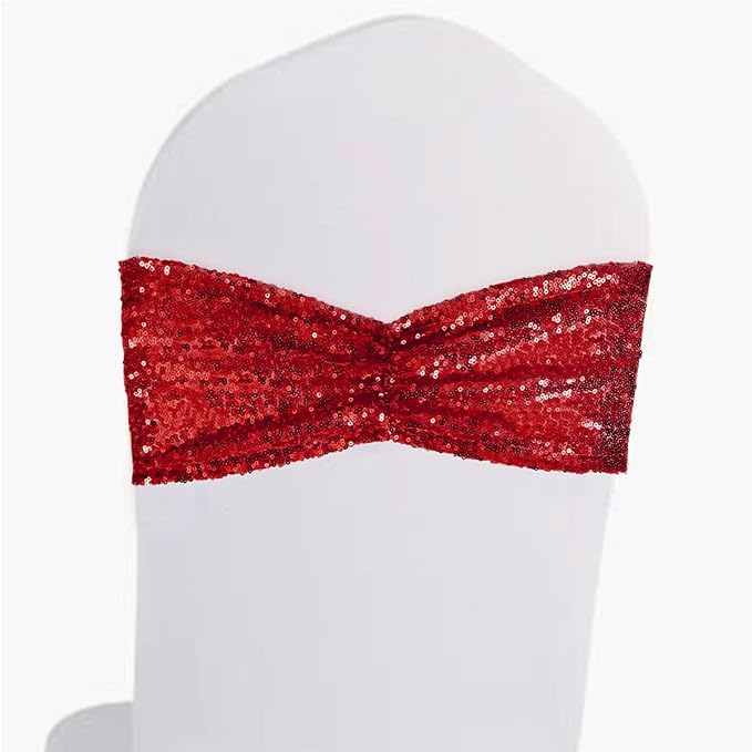 Eternal Beauty Pack of 50 Red Chair Bands Bows Sequin Chair Sashes for Wedding Cover Decorations