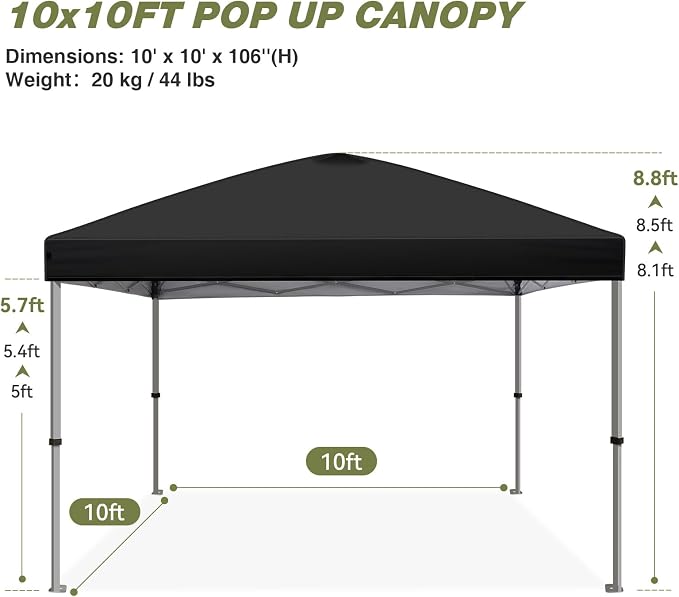 HYPER VENTURE 10x10ft Pop Up Canopy Tent with One Push Setup, Portable Outdoor Event Shelter with Rolling Carry Bag for Camping, Beach, Market, Patio (Black)