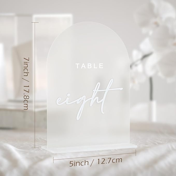 Frosted Arch Wedding Table Numbers 1-10 with Stands, 5x7 Inch Frosted Acrylic Arch Sign with Raised White Numbers, Acrylic Table Numbers for Wedding Reception