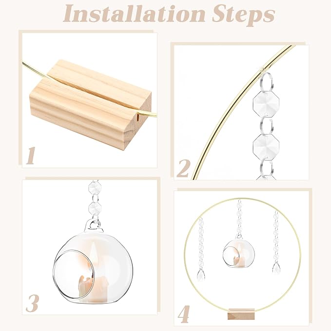 Leinuosen 12 Pack 12'' Metal Floral Hoop Centerpieces Set with Wooden Stand, Hanging Candle Holder, Acrylic Crystal Pendant Garland Crystal Garland String, for DIY Wedding Party Tabletop Decoration